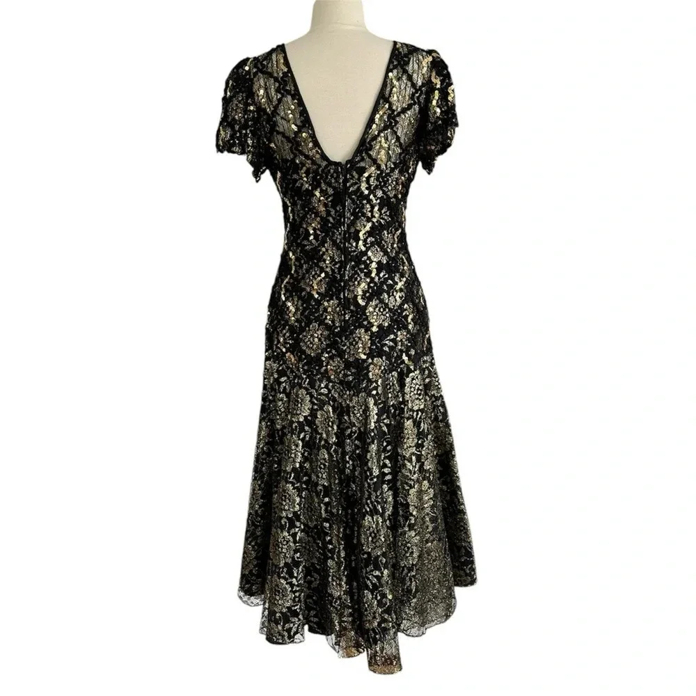 Vintage 80s Sequin Evening Dress Black Gold Floral Lace Size Small Formal
